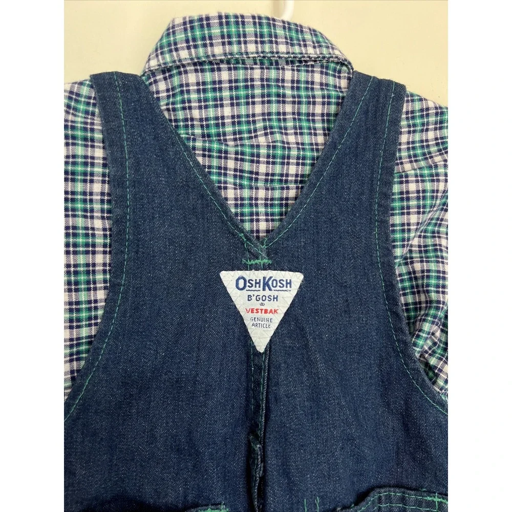 Vtg Oshkosh Vestbak Denim Bib Overalls Plaid Shirt Set Boys 12M USA RARE Plane